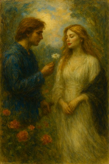 A dreamlike image of Sergei and Tatyana in a sunlit garden. Sergei, a young nobleman with auburn hair and a deep blue tunic, gently hands a wildflower to Tatyana, a radiant young woman with flowing chestnut hair and a soft ivory gown. The moment is tender and timeless, with soft golden light filtering through trees and dew-kissed roses surrounding them. The background is blurred like watercolor, evoking memory and myth. Their expressions are warm and full of quiet joy, as if caught in a moment before fate turned.