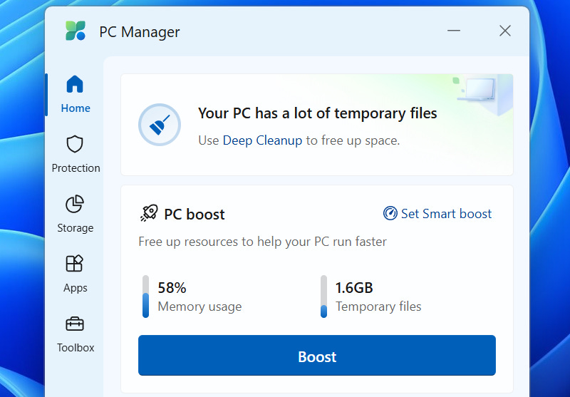 Microsoft PC Manager showing the Boost button.
