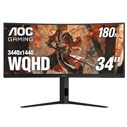 AOC CU34G4V 34&#34; Frameless Curved Ultrawide Gaming Monitor, WQHD 3440 x1440 1500R, 180Hz 0.5ms MPRT, Display Port x1, HDMI x1, AMD FreeSync Premium, Height Adjustable, 3-Year Zero-Bright-dot, Black