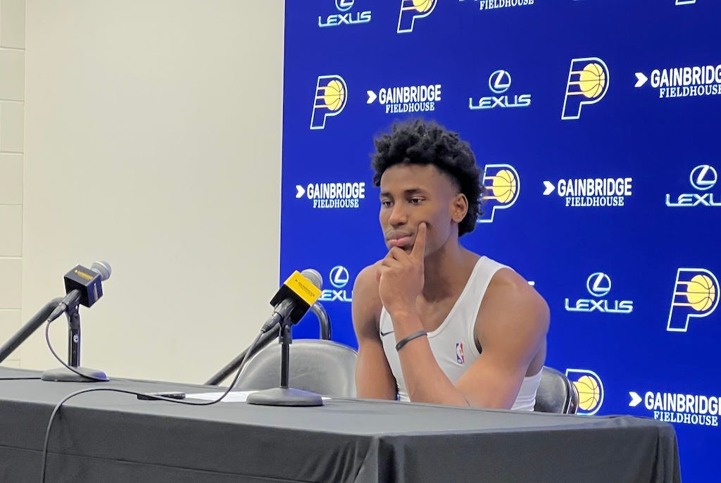Aaron Nesmith talks with reporters after his big game and dunk against the Cavaliers.