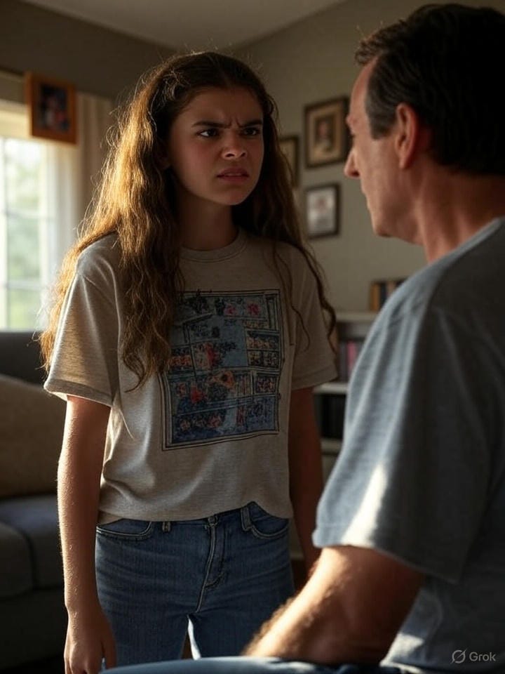 A teenage girl with an accusatory expression, pointing at her calm father, set against a vibrant, eye-catching background. A teenage girl with an accusatory expression, pointing at her calm father, set against a vibrant, eye-catching background.