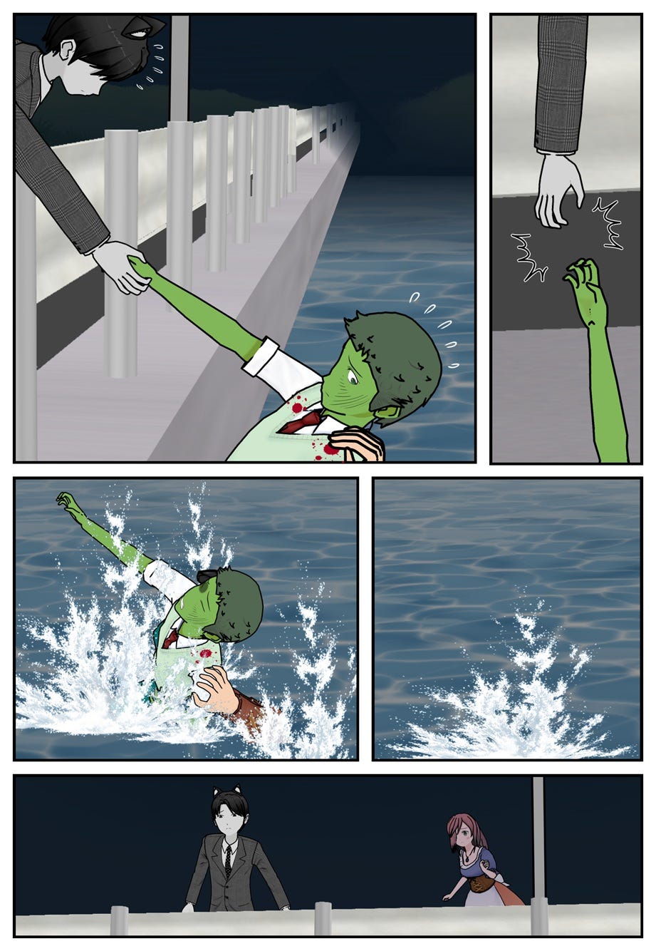 Ace catches the hostage's outstretched hand with one arm, but Odys has gravity on his side, and Ace's grip slips. Odys and his hostage both go under the water, as Ace watches in horror and Vana returns to the scene.