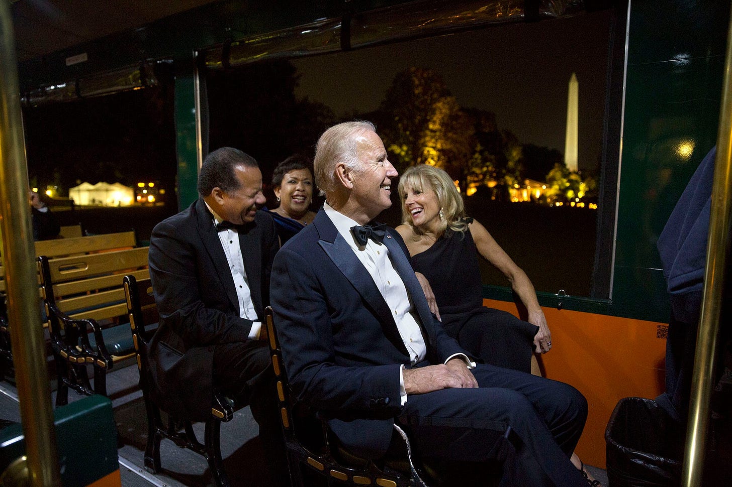 October 18, 2016: Vice President Joe Biden and Dr. Jill Biden share a joyful laugh with Attorney General Loretta Lynch and Stephen Hargrove, riding a trolley to the Italian State Dinner on the White House South Lawn. October 18, 2016: Vice President Joe Biden and Dr. Jill Biden share a joyful laugh with Attorney General Loretta Lynch and Stephen Hargrove, riding a trolley to the Italian State Dinner on the White House South Lawn.