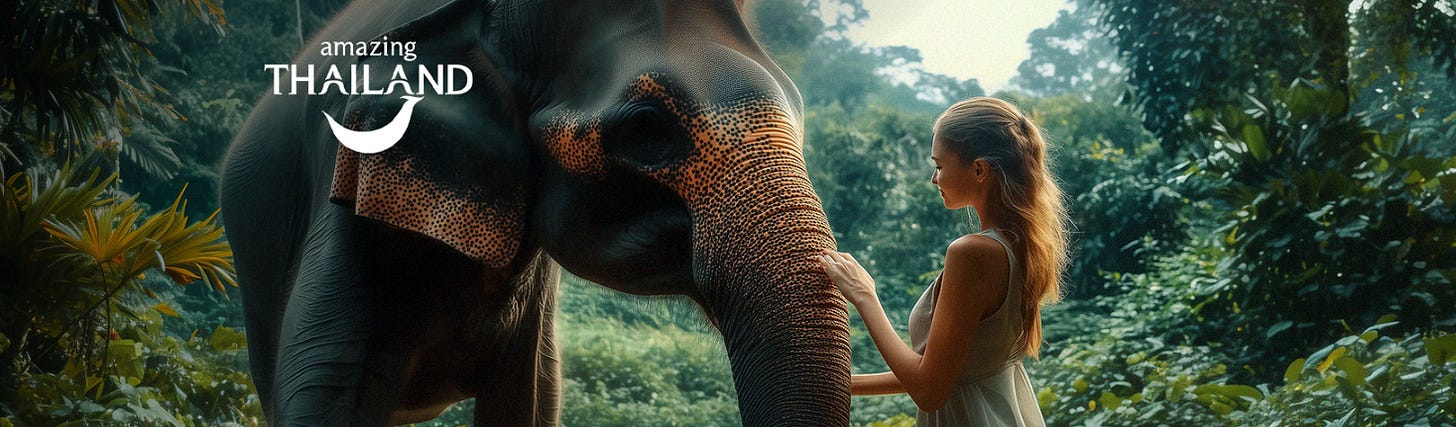 Woman gently touching an elephant's trunk in a lush Thai jungle, with Amazing Thailand logo. Discover ethical elephant sanctuaries, exotic travel destinations, and cultural tours in Thailand. Design your dream luxury vacation, explore curated travel packages, and unlock exclusive access to premium Thailand experiences. Book your unforgettable trip with exclusive Thailand travel. 