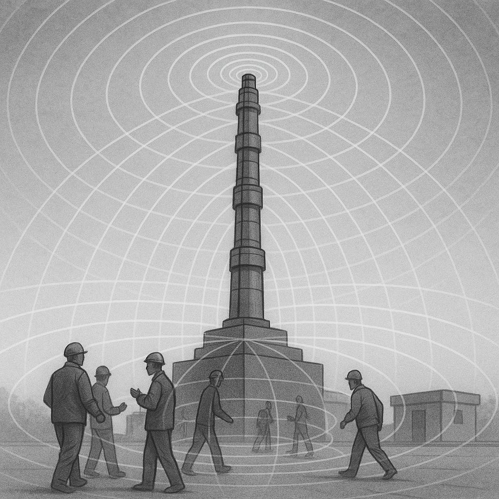 A grayscale drawing of a massive tower with circular waves radiating outward in all directions, forming concentric rings. Human figures in work uniforms walk around the base, some appearing transparent, as if showing synchronization or entrainment within the field.