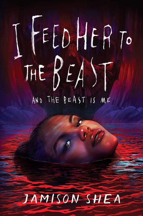 Two book covers for I FEED HER TO THE BEAST AND THE BEAST IS ME featuring a Black girl in a river of blood, and one for LA BESTIA SOY YO featuring a pair of pointe shoes hanging over a gilded mirror surrounded by black swan feathers.