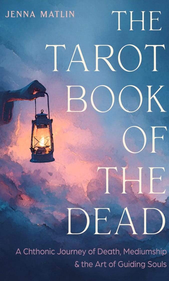 Cover of The Tarot Book of the Dead by Jenna Matlin, featuring a glowing lantern against a misty blue and pink landscape, exploring death, mediumship and guiding souls. Cover of The Tarot Book of the Dead by Jenna Matlin, featuring a glowing lantern against a misty blue and pink landscape, exploring death, mediumship and guiding souls.