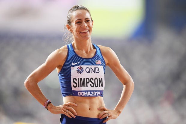 Jenny Simpson après avoir participé à une course en 2019 Jenny Simpson après avoir participé à une course en 2019