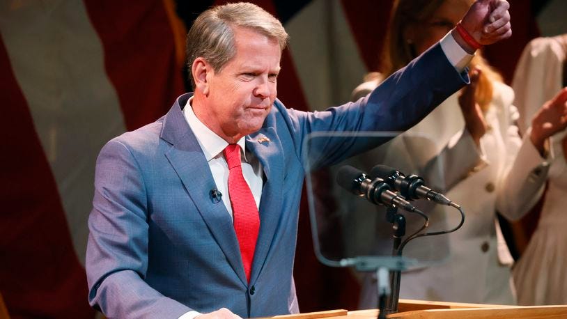 Gov. Brian Kemp speaks to supporters after being re-elected at Coca-Cola Roxy at the Battery, Tuesday, November 8, 2022, in Atlanta.  (Jason Getz / Jason.Getz@ajc.com)