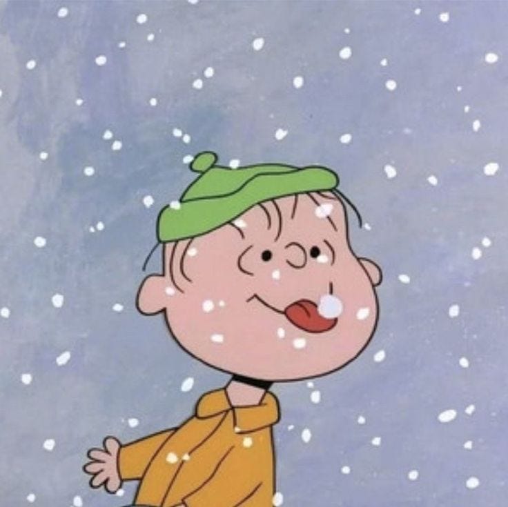 This may contain: a cartoon boy with a green hat on standing in the snow