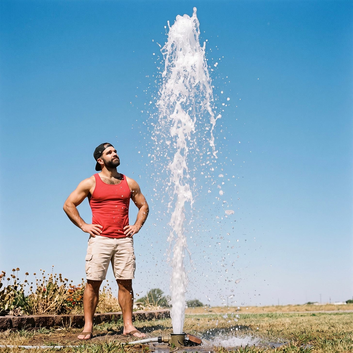 A wide landscape shot of Mitch standing with hands on hips, looking up at a comedic, monumental geyser of water erupting against a clear blue sky. A moment of desert gardening panic. A wide landscape shot of Mitch standing with hands on hips, looking up at a comedic, monumental geyser of water erupting against a clear blue sky. A moment of desert gardening panic.