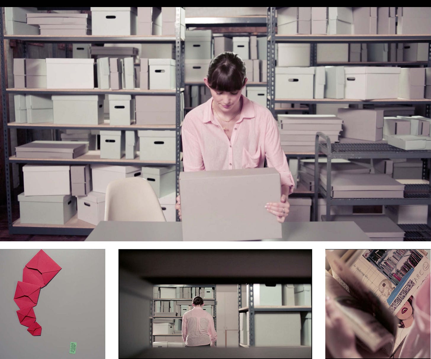 Still images of a woman bending over an open storage box inside a room filled with many other stacked storage boxes. Other images in the collage indicate that the boxes contain many various items. Still images of a woman bending over an open storage box inside a room filled with many other stacked storage boxes. Other images in the collage indicate that the boxes contain many various items.