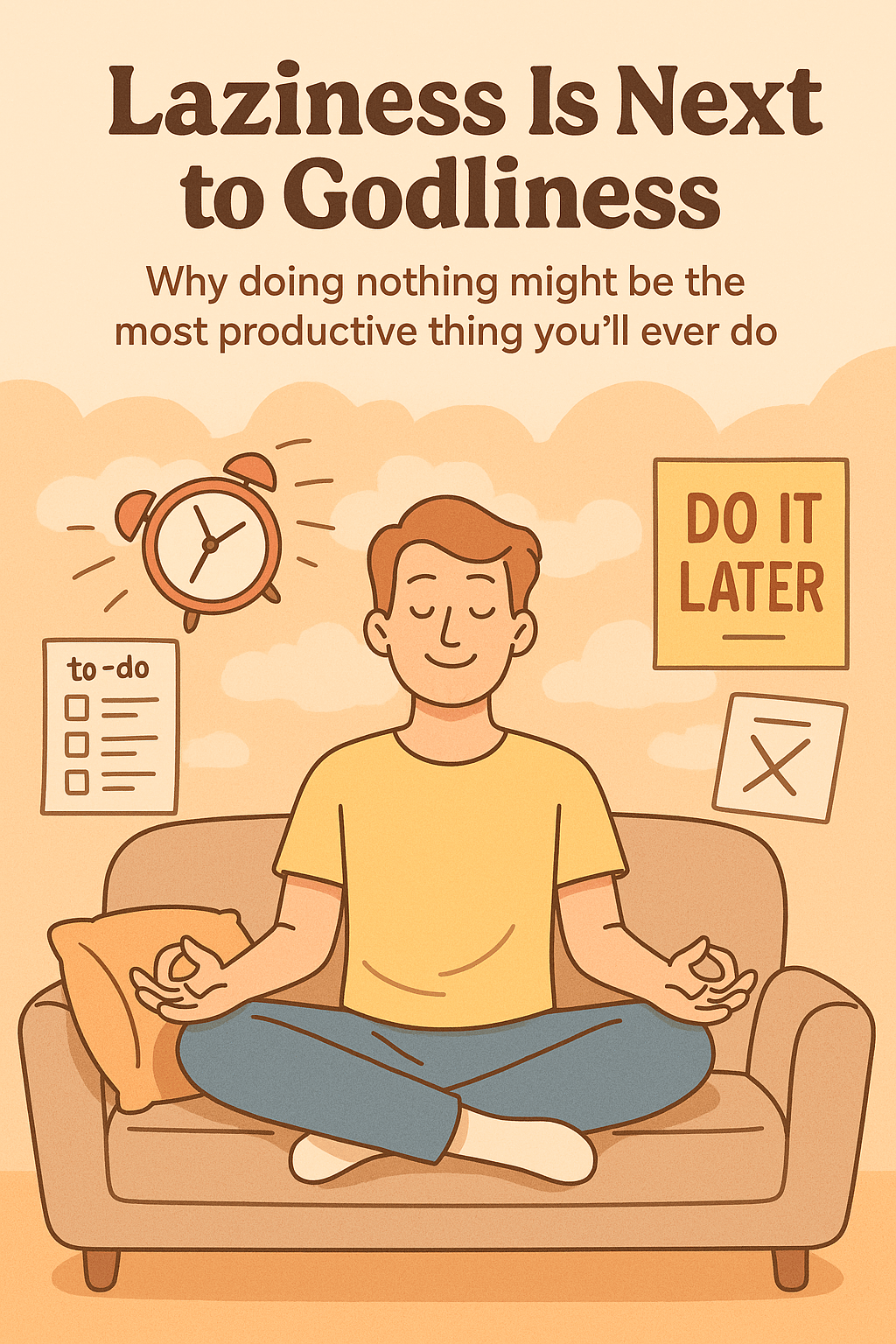 A person lounging peacefully on a couch while unfinished work floats around them like clouds of calm chaos — representing the divine art of laziness.