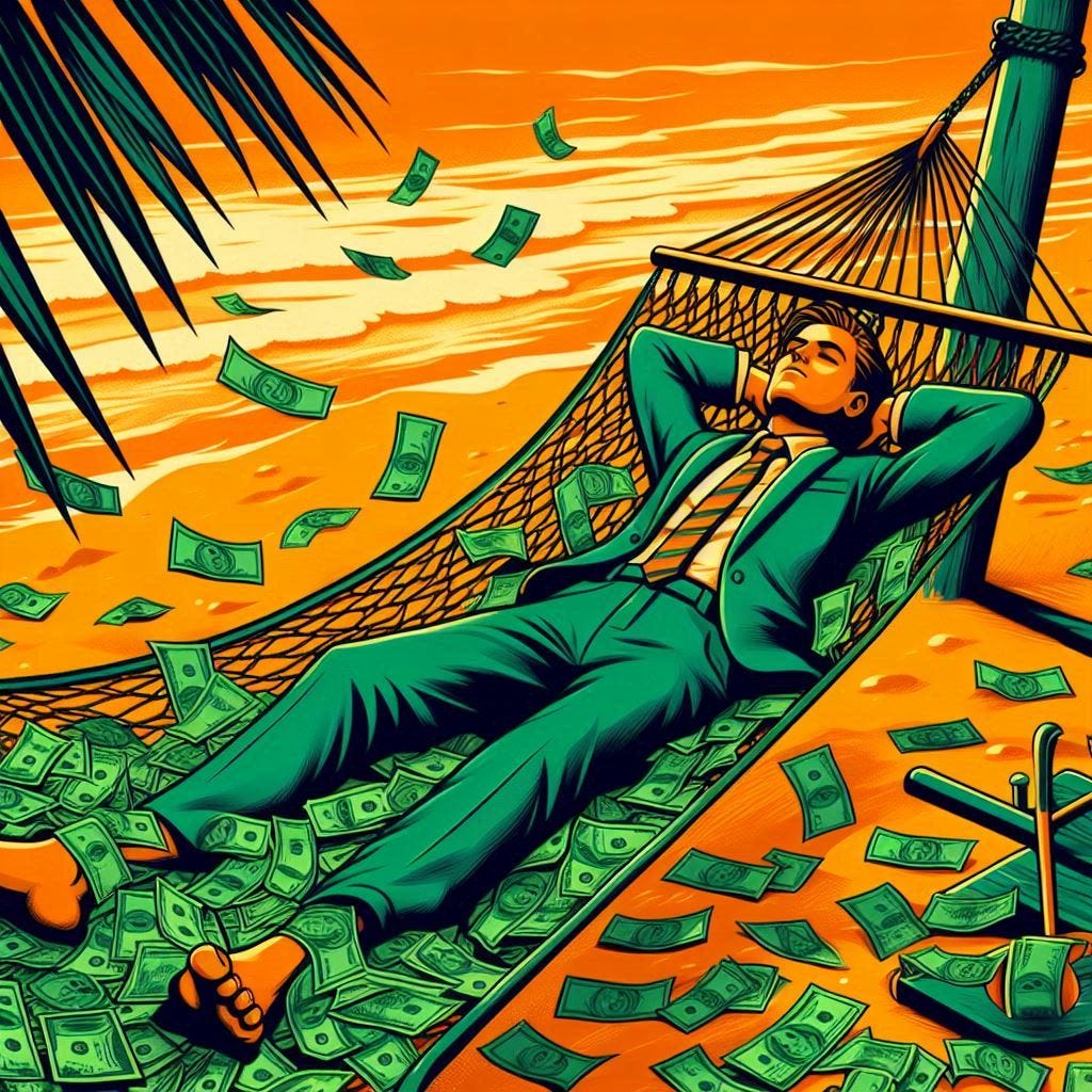 vector graphic illustration of a young man in a formal suit but barefoot, lying on a hammock at the beach, covered in green money. orange hues