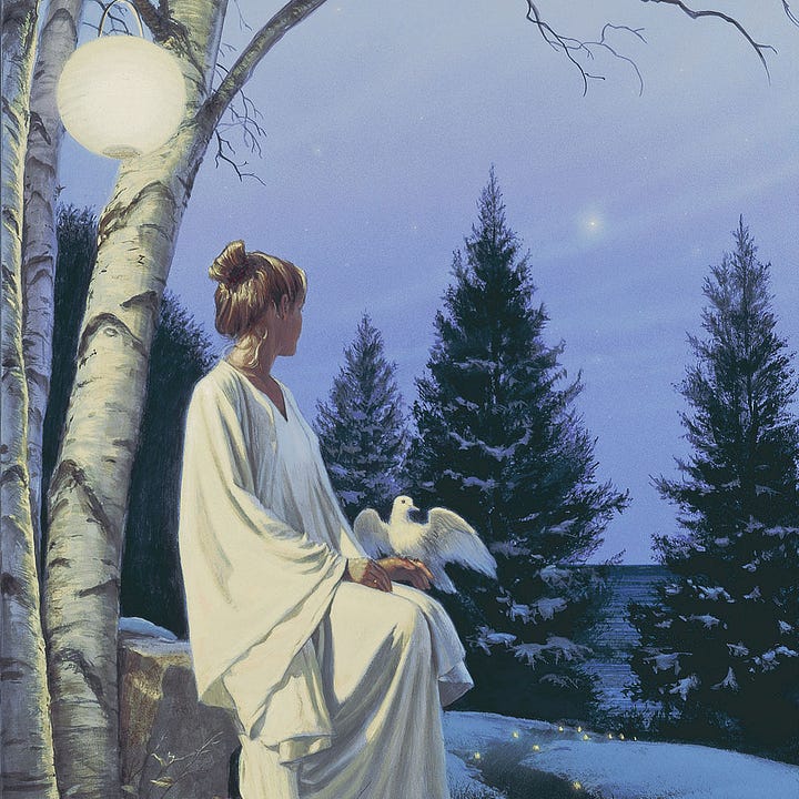 LEFT: Detail from STAR OF PEACE featuring a woman in a plain white gown sits on a rock with her hands resting on her lap. A dove takes perch on her finger as she glances over snow covered trees to a distant star in the night sky. A globe of a paper lantern hangs above her from the bare branches of a birch tree. RIGHT: Detail from STAR OF PEACE featuring a view down a lighted path through snow covered evergreen trees to the water beyond.