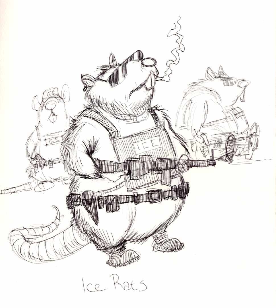 Ballpoint cartoon of rats dressed as ice agents. Titled "ice rats".