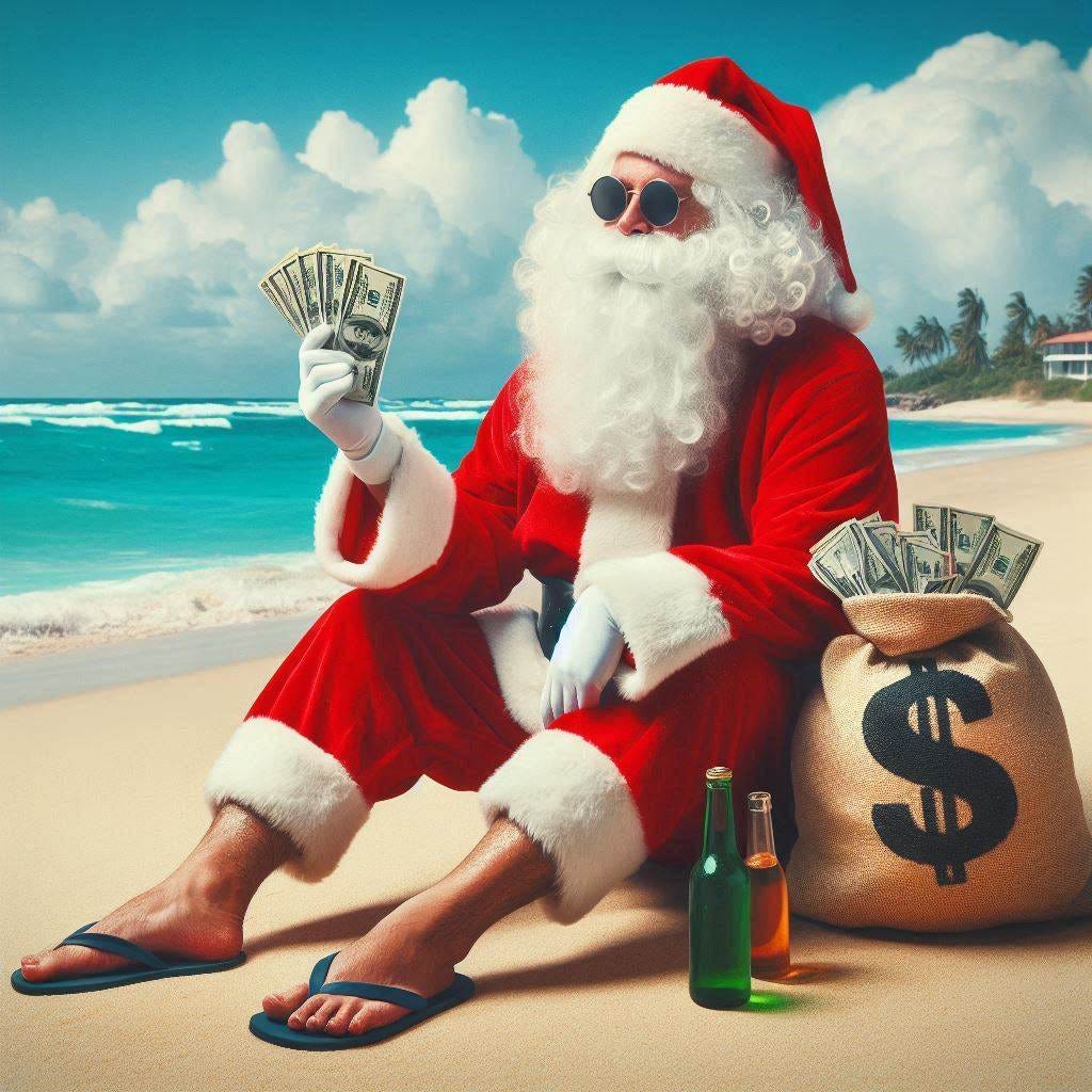 Santa Claus on a beach with a bag full of cash, wearing flip-flops and sunglasses