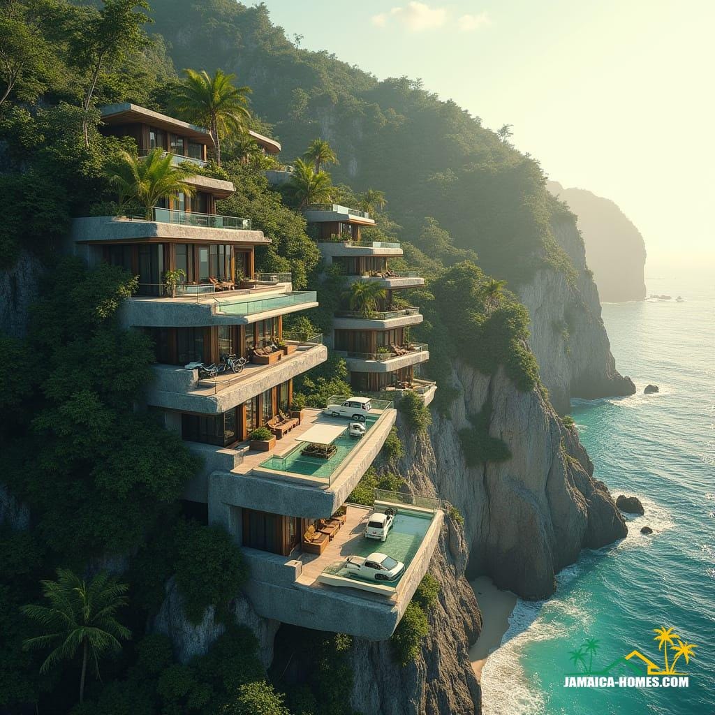 A massive, multi-level housing complex integrated into a rugged cliff at Treasure Beach, with terraced apartments, rooftop gardens, and transparent infinity pools overhanging the ocean, as small local cars and bikes are parked at staggered platforms, bathed in soft morning light, surrounded by tropical vegetation clinging to rock faces, in a cinematic film still, with a nostalgic 35mm film aesthetic, subtle film grain, and vignette, color graded for a warm, atmospheric tone, reminiscent of the styles of Emmanuel Lubezki, Roger Deakins, and Hoyte van Hoytema, with dramatic, epic, and stunning cinematic lighting.

