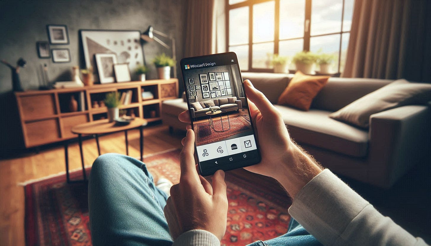A person using a phone to generate images with Microsoft Designer while sitting on a couch in their living room. The living room is cozy, with a coffee table, a rug, and some houseplants. The person is casually dressed, and the phone screen shows the design tool interface. The scene is well-lit with natural light coming through a window.