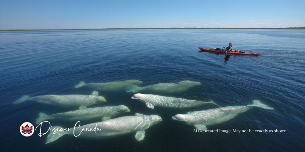 Beluga whales surfacing in Churchill River estuary during summer. Beluga whales surfacing in Churchill River estuary during summer.