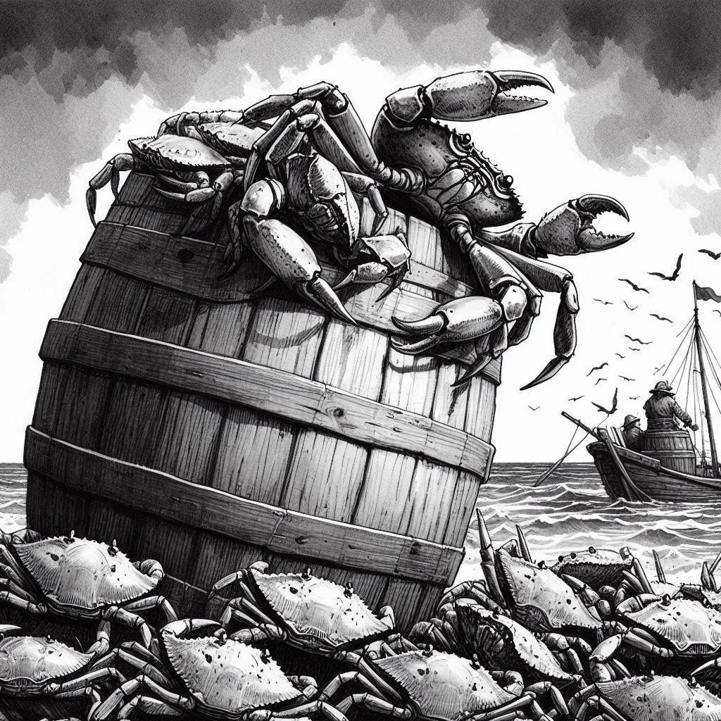 One crab climbing out of a barrel of crabs in black and white ink and gouache style