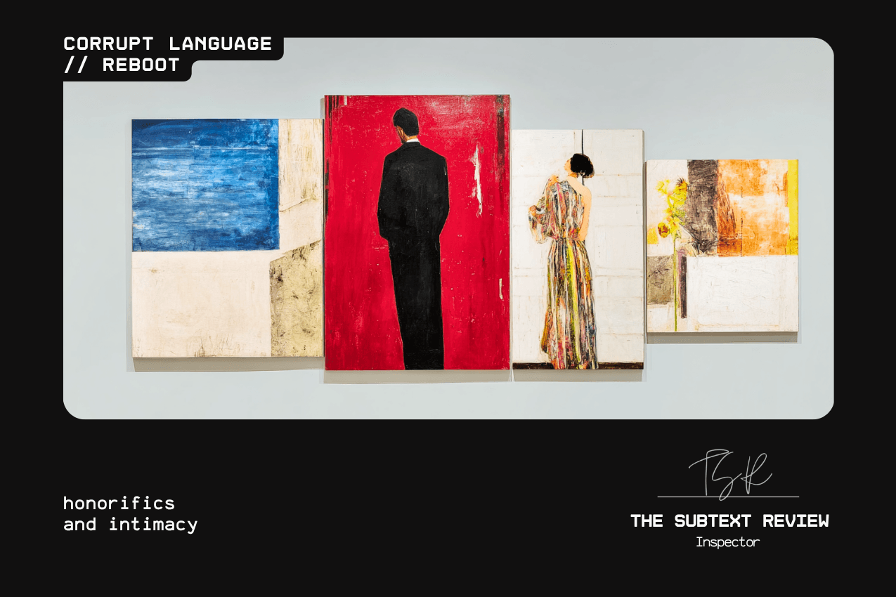 A series of four vertical canvases of varying heights arranged on a wall. The panels depict a man in a black suit with his back turned, a woman in a patterned dress, and abstract color fields. Below, the text reads "honorifics and intimacy." Part of the Corrupt Language // Reboot series at The Subtext Review. A series of four vertical canvases of varying heights arranged on a wall. The panels depict a man in a black suit with his back turned, a woman in a patterned dress, and abstract color fields. Below, the text reads "honorifics and intimacy." Part of the Corrupt Language // Reboot series at The Subtext Review.