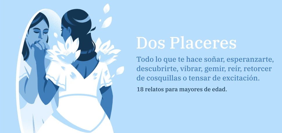 El texto dice «Dos Placeres» y «Todo lo que te hace soñar, esperanzarte, desabrirte, vibrar, gemir, reir, retorcer de compañía y tiempo de exaltación». Ilustración teñida de azul que muestra la silueta de una pareja romántica abrazándose. El texto dice «Dos Placeres» y «Todo lo que te hace soñar, esperanzarte, desabrirte, vibrar, gemir, reir, retorcer de compañía y tiempo de exaltación». Ilustración teñida de azul que muestra la silueta de una pareja romántica abrazándose.
