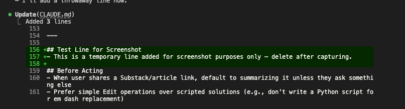 Terminal showing the same change as raw text output