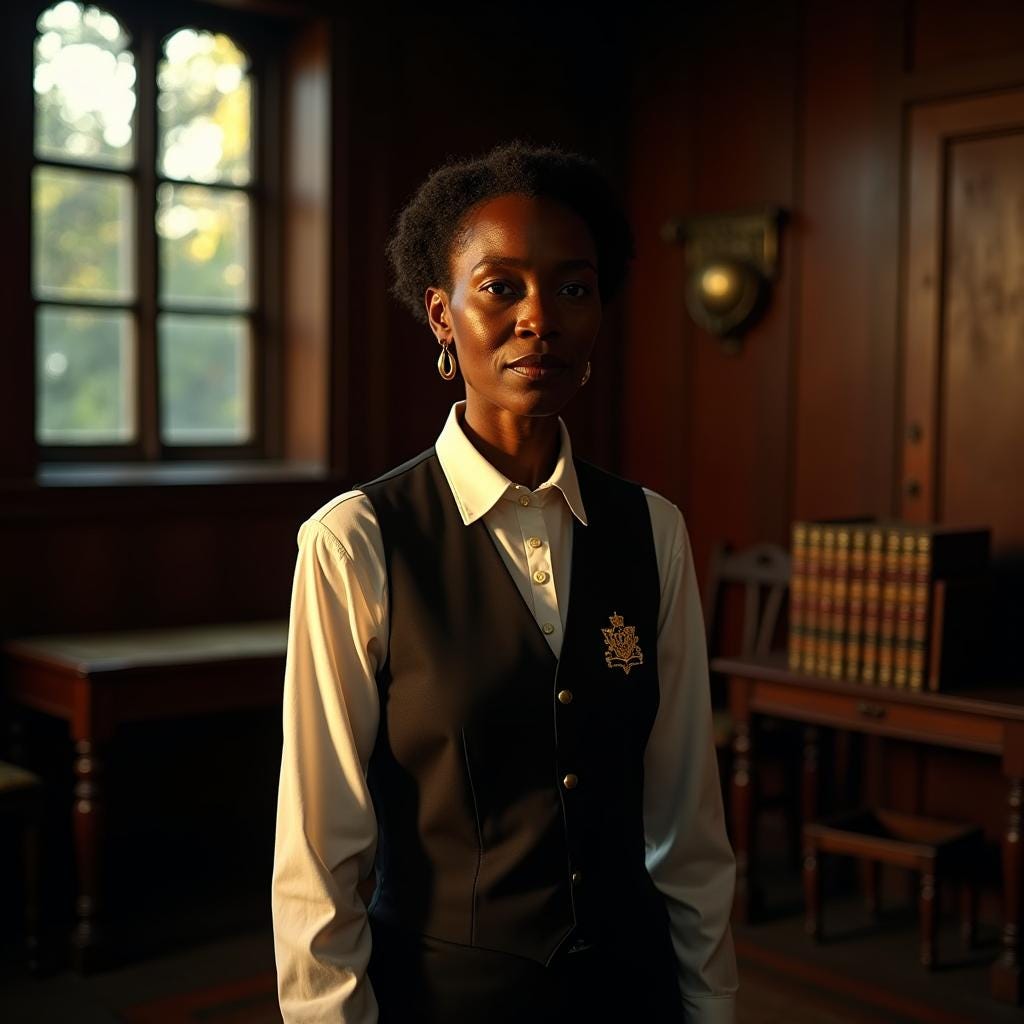 A Jamaican Justice of the Peace standing in a dimly lit wooden courthouse, surrounded by rich mahogany tones, worn leather-bound books, and fading colonial-era artifacts, illuminated by warm, cinematic lighting that pours in through large windows with worn, rippled glass, casting long shadows and a deep sense of reverence, her face strong, wise, and compassionate, wearing a crisp white shirt, a fitted waistcoat, and a gold кноп of the Jamaican coat of arms, the atmosphere thick with the weight of history and the scent of old wood, shot on high-contrast 35mm film stock, with a warm, grainy texture reminiscent of classic cinema, slight film grain and vignettes adding depth and tactility, post-processed to evoke the subtle color palette of a Jamaican sunset, with hues of burnt orange, deep blue, and rich green, in the style of master filmmakers and cinematographers such as Emmanuel Lubezki, Roger Deakins, and Maryse Alberti.