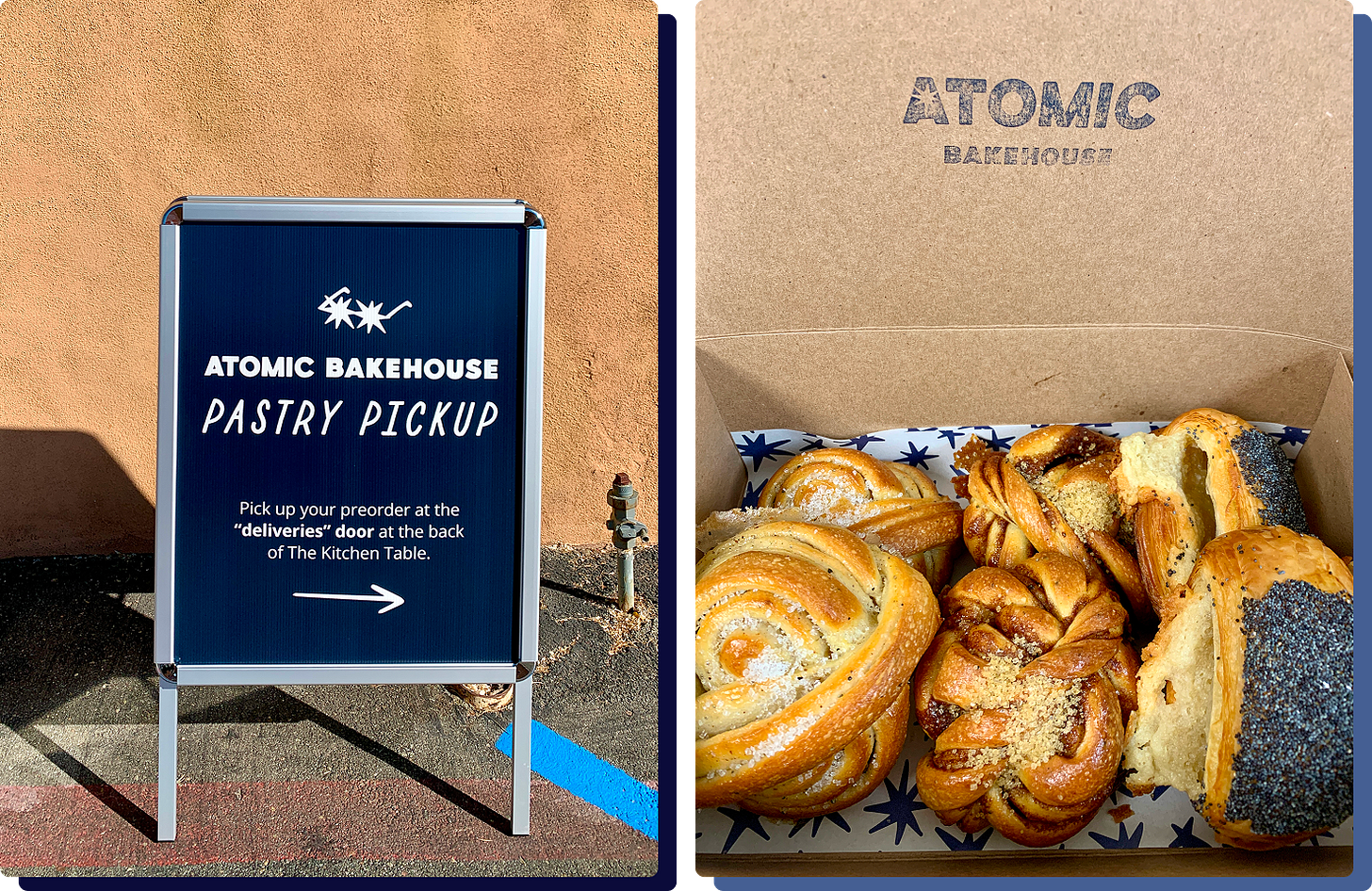 Photos of the Atomic Bakehouse sandwich board and a sample pastry box Photos of the Atomic Bakehouse sandwich board and a sample pastry box