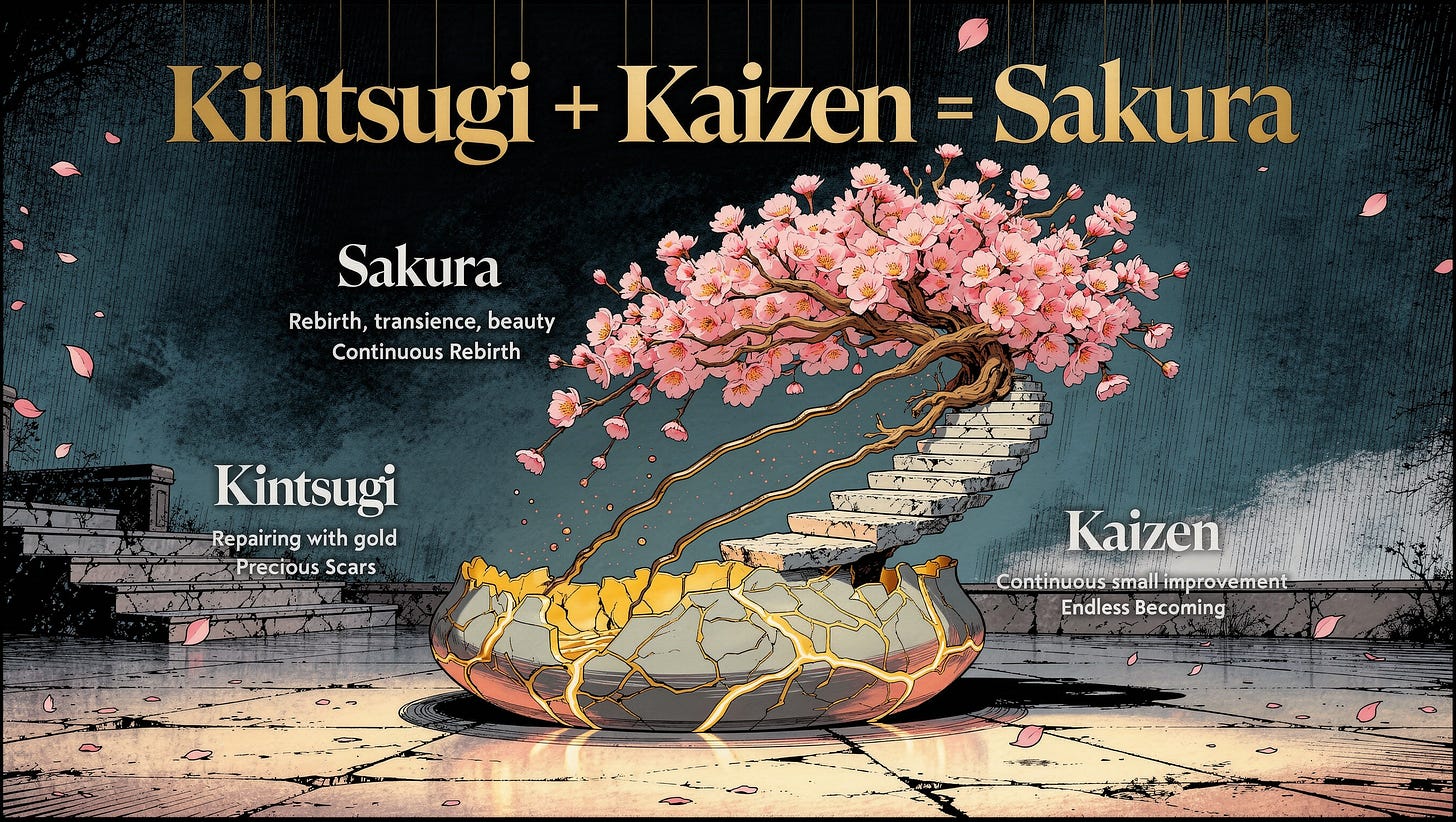Visual formula showing Kintsugi plus Kaizen equals Sakura with definitions beneath