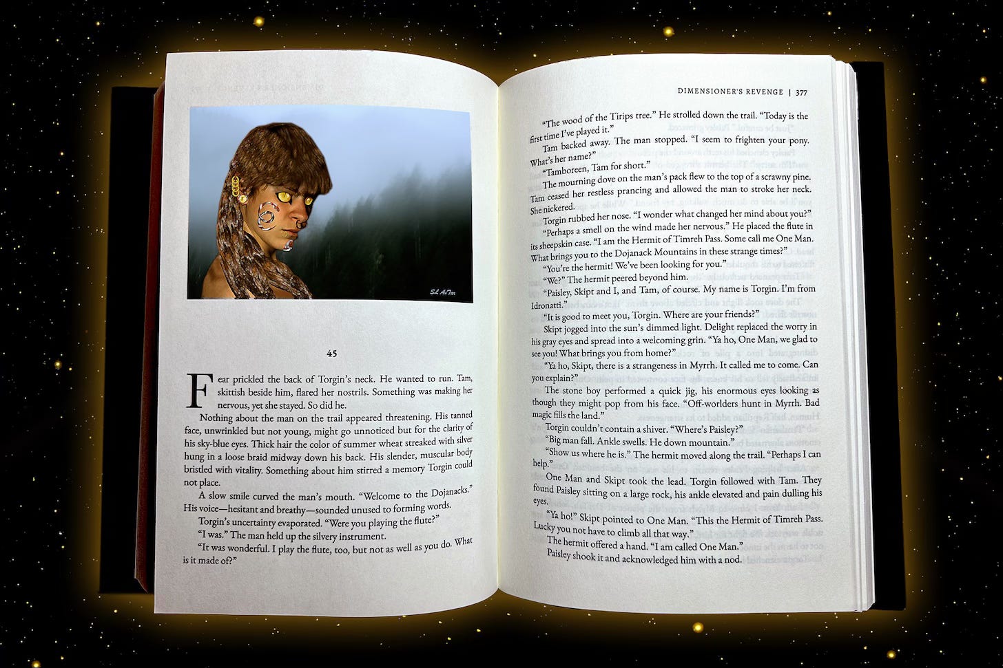 An open book displays a left page with an illustration of a person with feline features and gold eyes against a foggy forest, and a right page of text under the heading DUNE MESSIAH: REVIEW II. The book is set against a starry background.