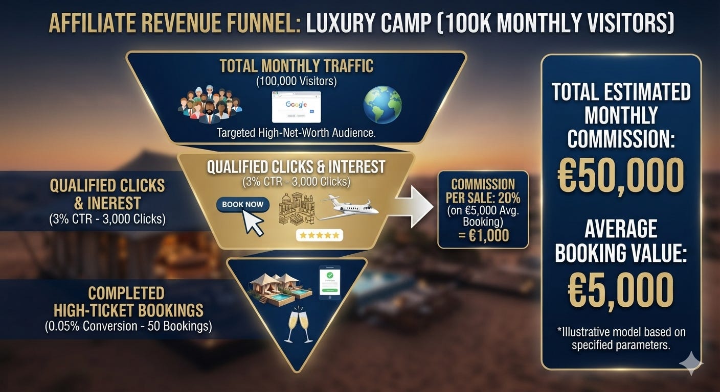 Infografica che mostra il funnel di affiliazione del Luxury Camp: da 100.000 visitatori mensili a 3.000 clic qualificati e 50 prenotazioni, per una commissione stimata di 50.000 euro al mese Infografica che mostra il funnel di affiliazione del Luxury Camp: da 100.000 visitatori mensili a 3.000 clic qualificati e 50 prenotazioni, per una commissione stimata di 50.000 euro al mese