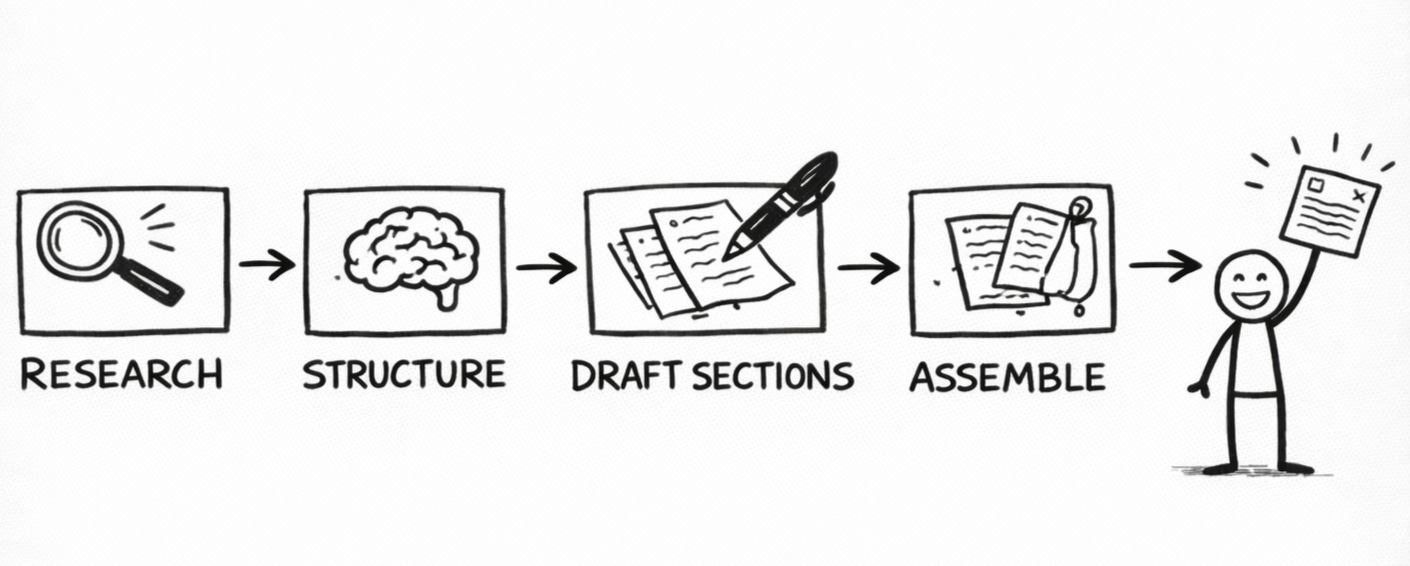Hand-drawn assembly diagram showing a pile of raw materials labeled “Gemini,” a skeleton frame labeled “YOUR BRAIN,” separate body parts labeled “Claude sections,” and a completed stick figure labeled “YOU put it together” walking away. Hand-drawn assembly diagram showing a pile of raw materials labeled “Gemini,” a skeleton frame labeled “YOUR BRAIN,” separate body parts labeled “Claude sections,” and a completed stick figure labeled “YOU put it together” walking away.
