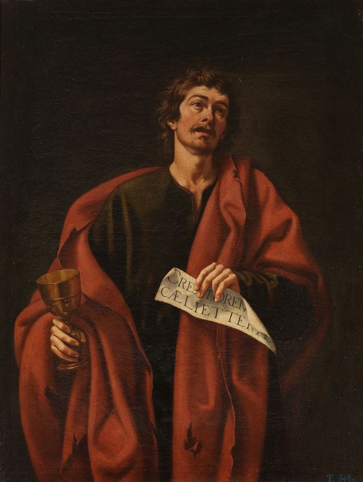 This may contain: a painting of a man with a red cape holding a cup and paper in his hand