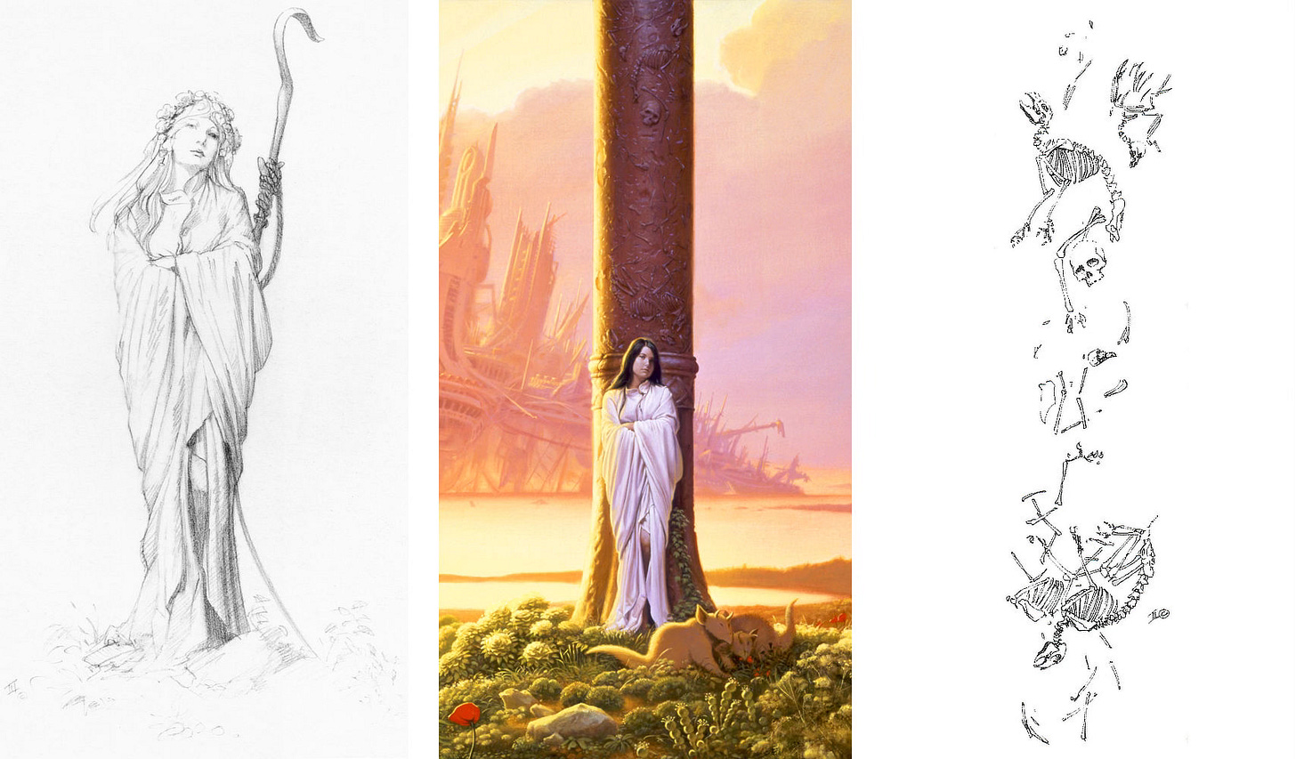 LEFT: Figure study in pencil for ARMENIA featuring a young woman in long robes  standing with her arms crossed. She's holding a shepherd's crook.  CENTER: Detail from ARMENIA featuring a young woman with arms crossed leaning against a pillar. Animal bones are set in shallow relief on the surface of the pillar.  RIGHT: BONES (1990), Pen and ink on paper, 12" x 6". A study for ARMENIA arranging an assortment of human and animal bones.