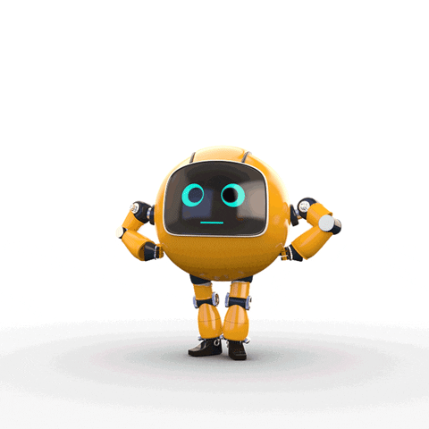 This may contain: an orange robot standing in front of a white background with his hands on his hips