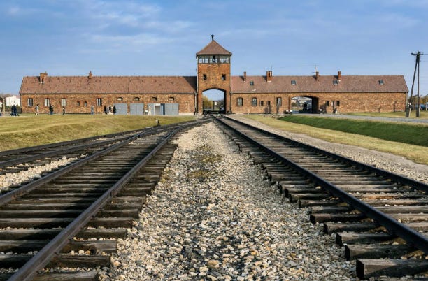 Train tracks leading to Auschwitz concentration camp

AI-generated content may be incorrect.