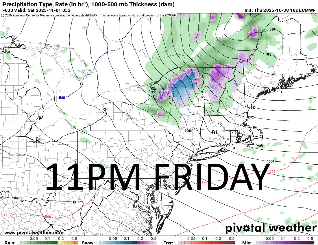 May be a graphic of map and text that says 'Precipitation Type, Rate (in hr'), 1000-500 mb Thickness (dam) F033 Valid: 2025-1 -11- 202 2025European Centre Medim- nge Weather Farecasts (ECMWF) Th Ebaseo data ndproducts ofthe ECMWF. Init: Thu 2025- 2025-10-30 Ini:Thu2025-10-3018ZECMWF 10-30 18z ECMWF 540 000 000 1016- 11PM FRIDAY 1000- --546- Rain: www.pivotalweather.com 0.05 0.1 0.2 0.5 Snow: 0.05 0.1 0.2 0.5 Frze: 0.05 0.1 pivotal piv#talweather weather 0.2 0.5 0.05 0.1 0.2 0.5 Mix:'