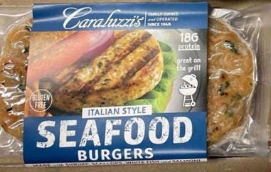 Front of package, Caraluzzi’s Italian Style Seafood Burgers