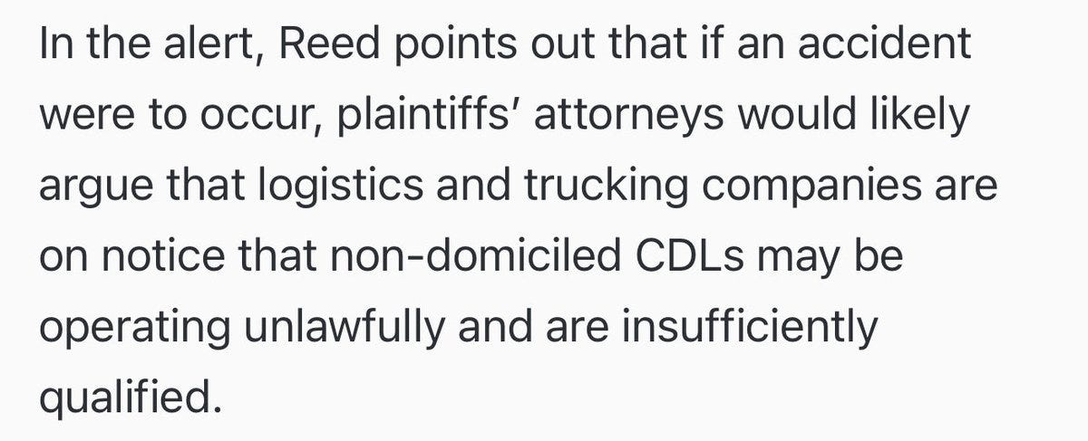 Text excerpt from an alert by Reed discussing legal risks if an accident occurs with non-domiciled CDL drivers where plaintiffs attorneys would argue logistics and trucking companies are on notice for unlawful operations and insufficient qualifications. The text repeats for emphasis in the image.