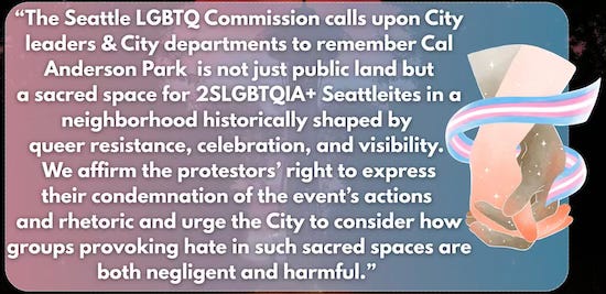 The Seattle LGBTQ Commission avoided discussions of violent behavior by trans/queer protestors after Cal Anderson Park riot.