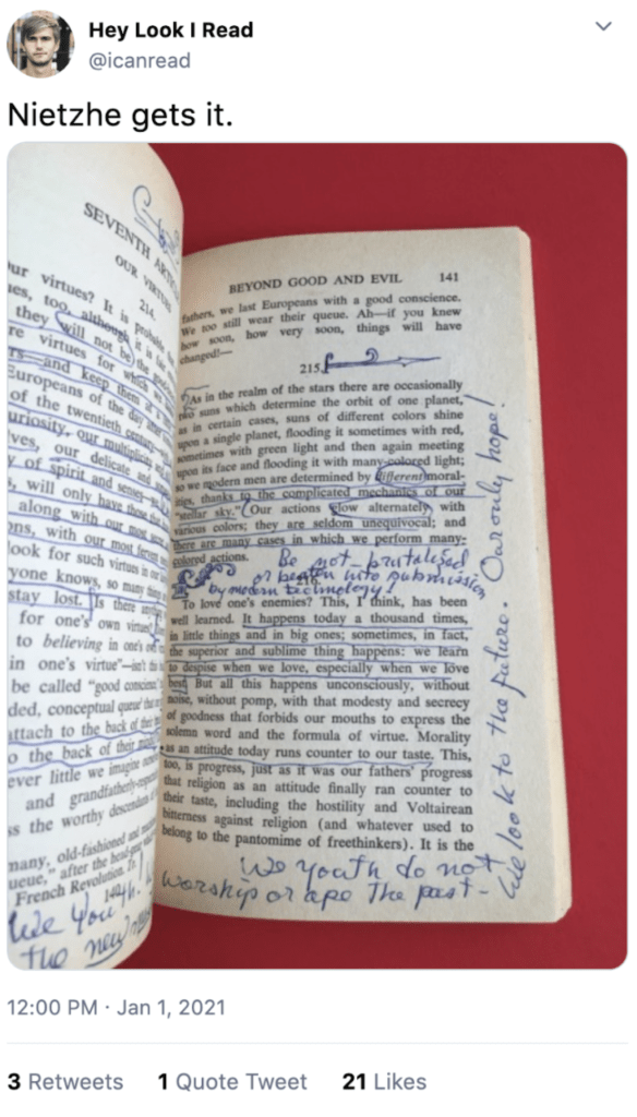 insufferable tweet with a photo of a physical book page