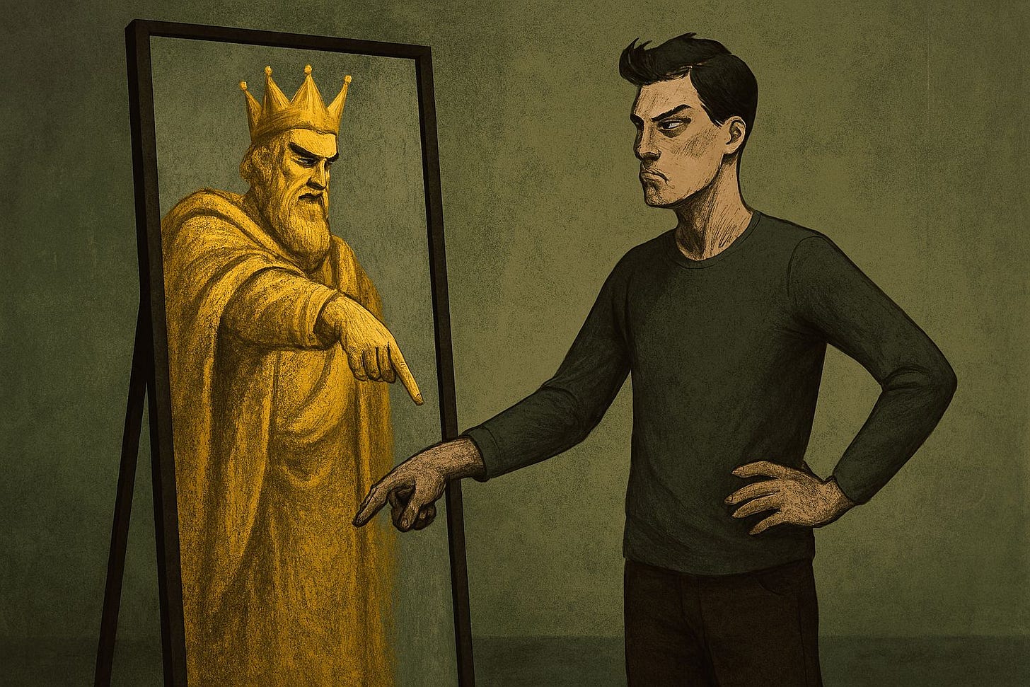 A man angrily points at his reflection, which shows a king pointing back. The image symbolizes a delusional self-image and the failure to see oneself clearly.