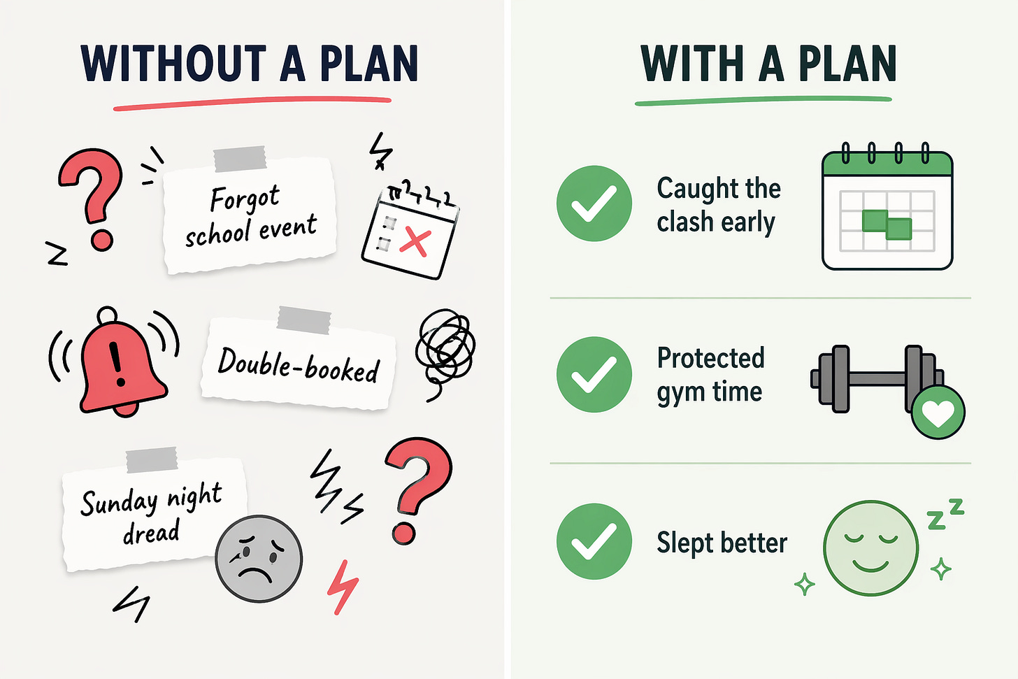 Before and after comparison of weekly planning for busy dads