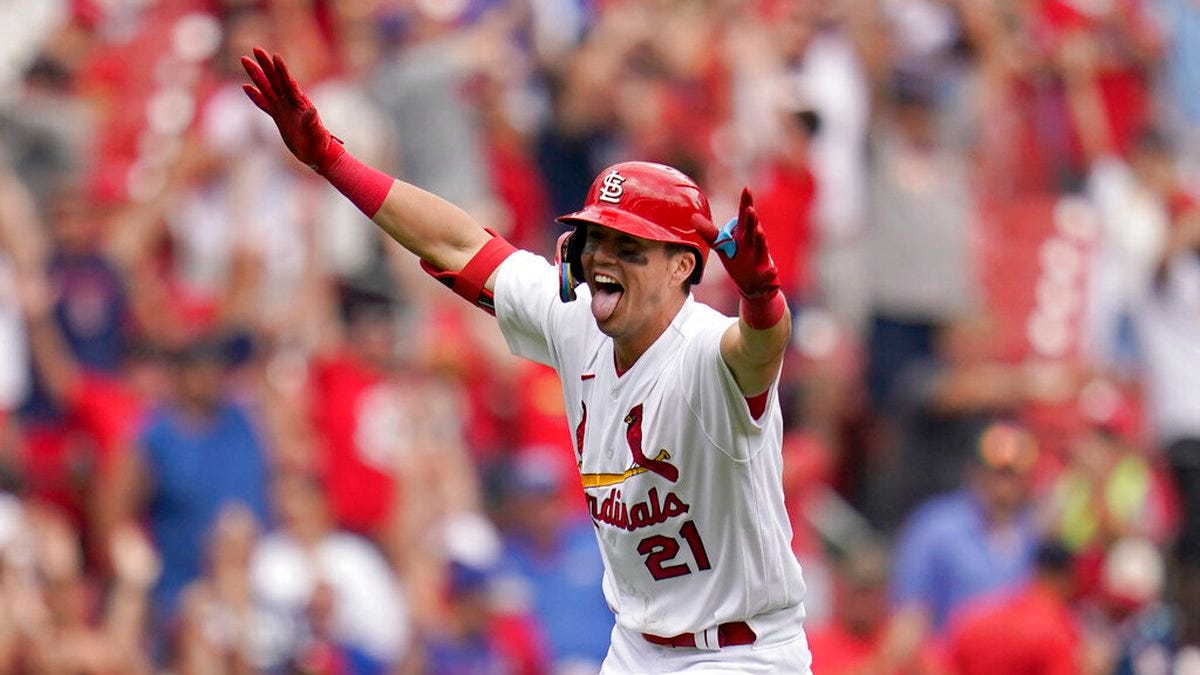 St. Louis Cardinals' Lars Nootbaar celebrates after hitting a walk-off single to score Nolan...