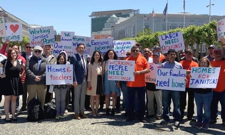 A pro-housing protest in San Francisco. Yimby groups take aim at space-hogging, single-family homeowners and confound anti-capitalist groups by daring to take the side of luxury condo developers.