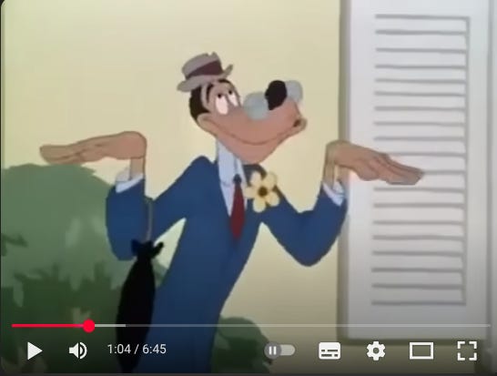 A SCREENSHOT OF GOOFY IN A LITTLE HAT AND GLASSES LOOKING CIVILISED BUT A BIT WET