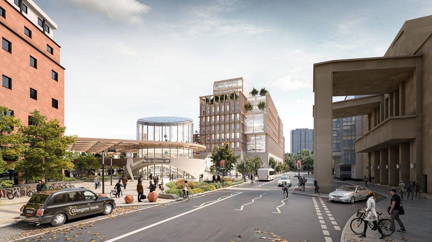 An artist's impression of what a revamped bus station would look like, showing a busy street and the entrance to the terminus next to a plaza.
