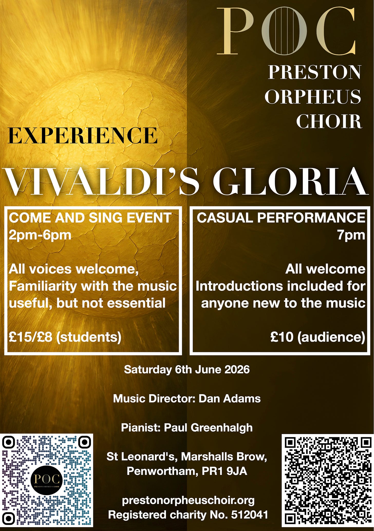 Poster for Preston Orpheus choir's experience Vivaldi's Gloria event, COme and sing event 2-6 PM, performance 7PM 6th June 2026, St Leonard's Marshalls Brow Penwortham PR1 9JA. The poster has a sun shining behind the text.